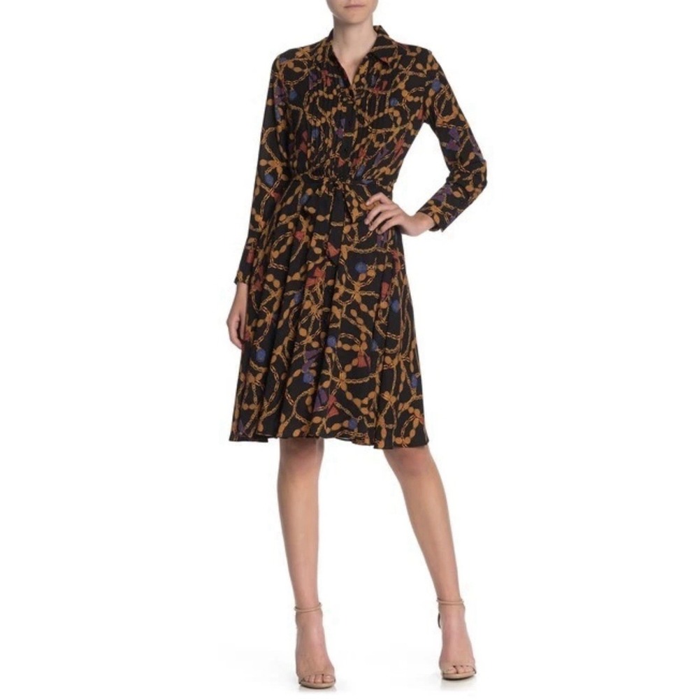 Nanette Lepore Black/Gold Chain, Tassel Black Long Sleeve Button Down Dress Sz 2